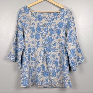Laura Bianchi blue & ivory 100% linen 3/4 sleeve faux button detail top, medium.